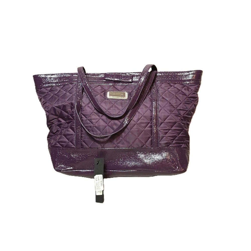 Christian Audigier Stefana Quilted Tote Purple Patent Trim Bow Bag 3NY305PA NEW‎